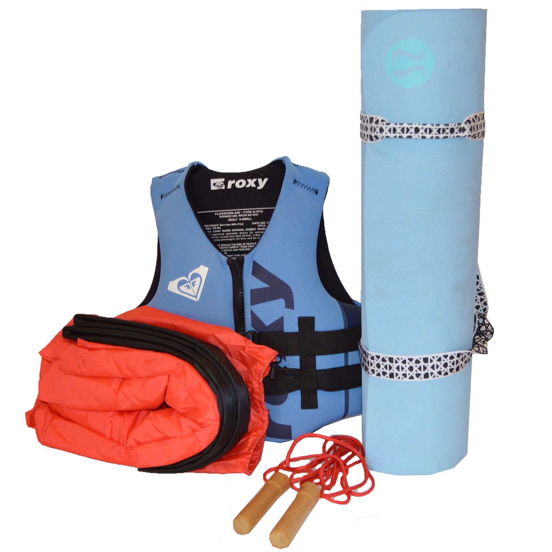 Lulu Lemon Yoga Mat, Roxy Life Vest and Inflatable Lounger