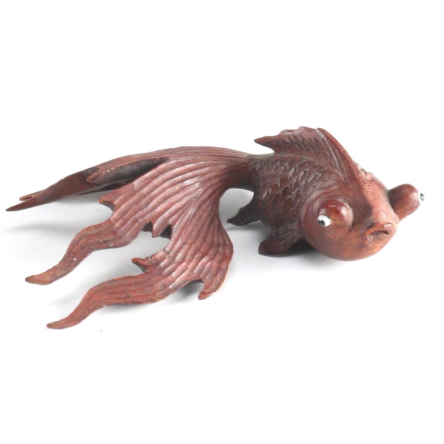 Chinese Carved Wooden Goldfish Figurine with Glass Eyes
