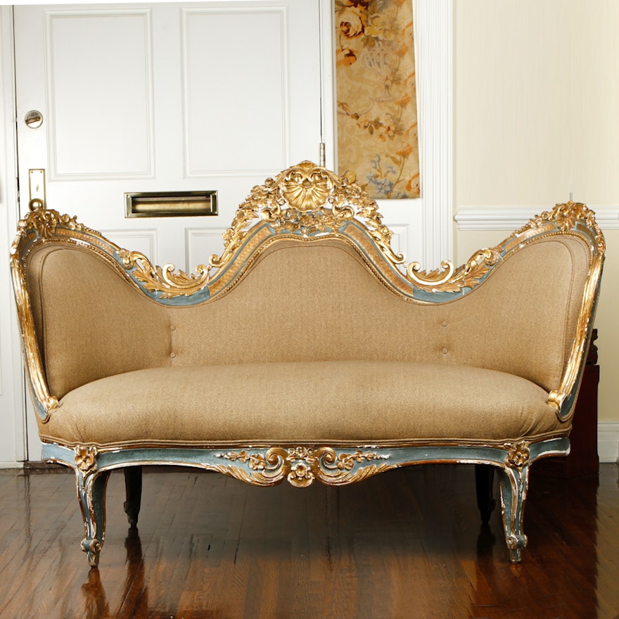 Rococo Revival Victorian Settee with Ralph Lauren Upholstery