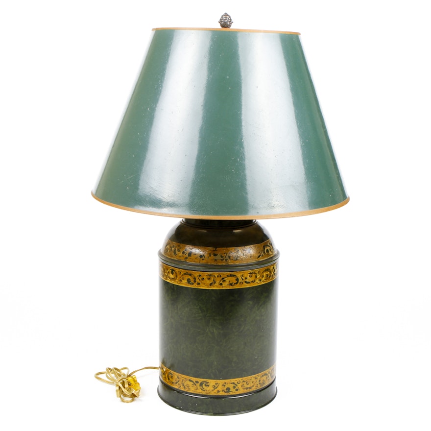 Green and Gilt Painted Bass Clef Tole Lamp