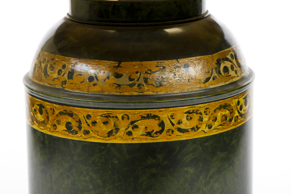 Green and Gilt Painted Bass Clef Tole Lamp