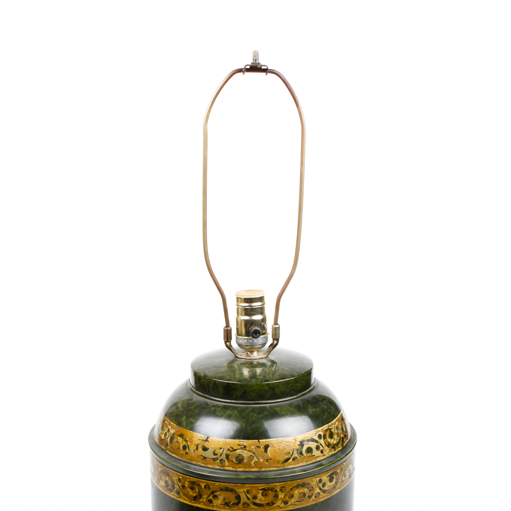 Green and Gilt Painted Bass Clef Tole Lamp