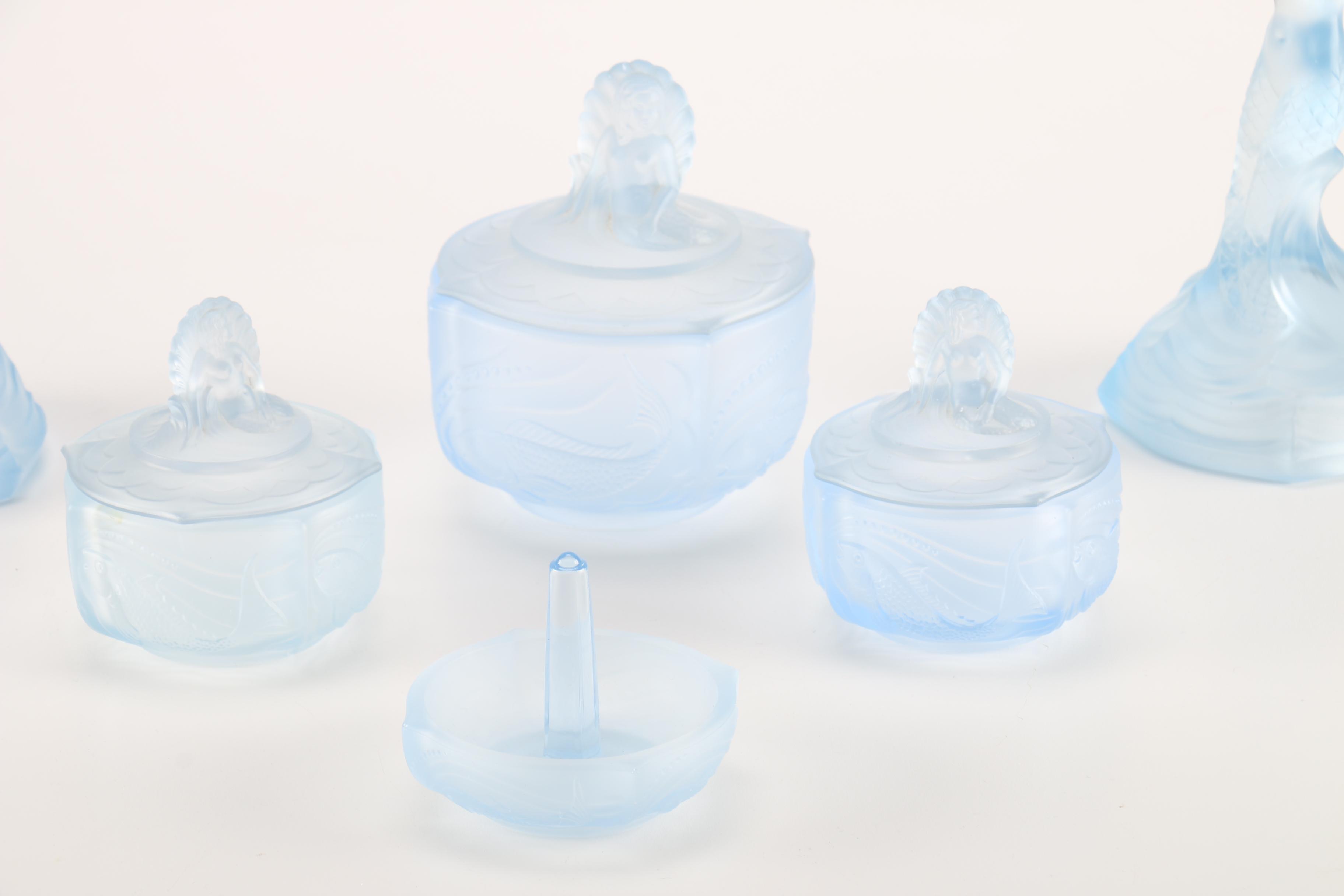 1930s Walther & Sohne German Blue Glass Nymphen Mermaid Vanity Set