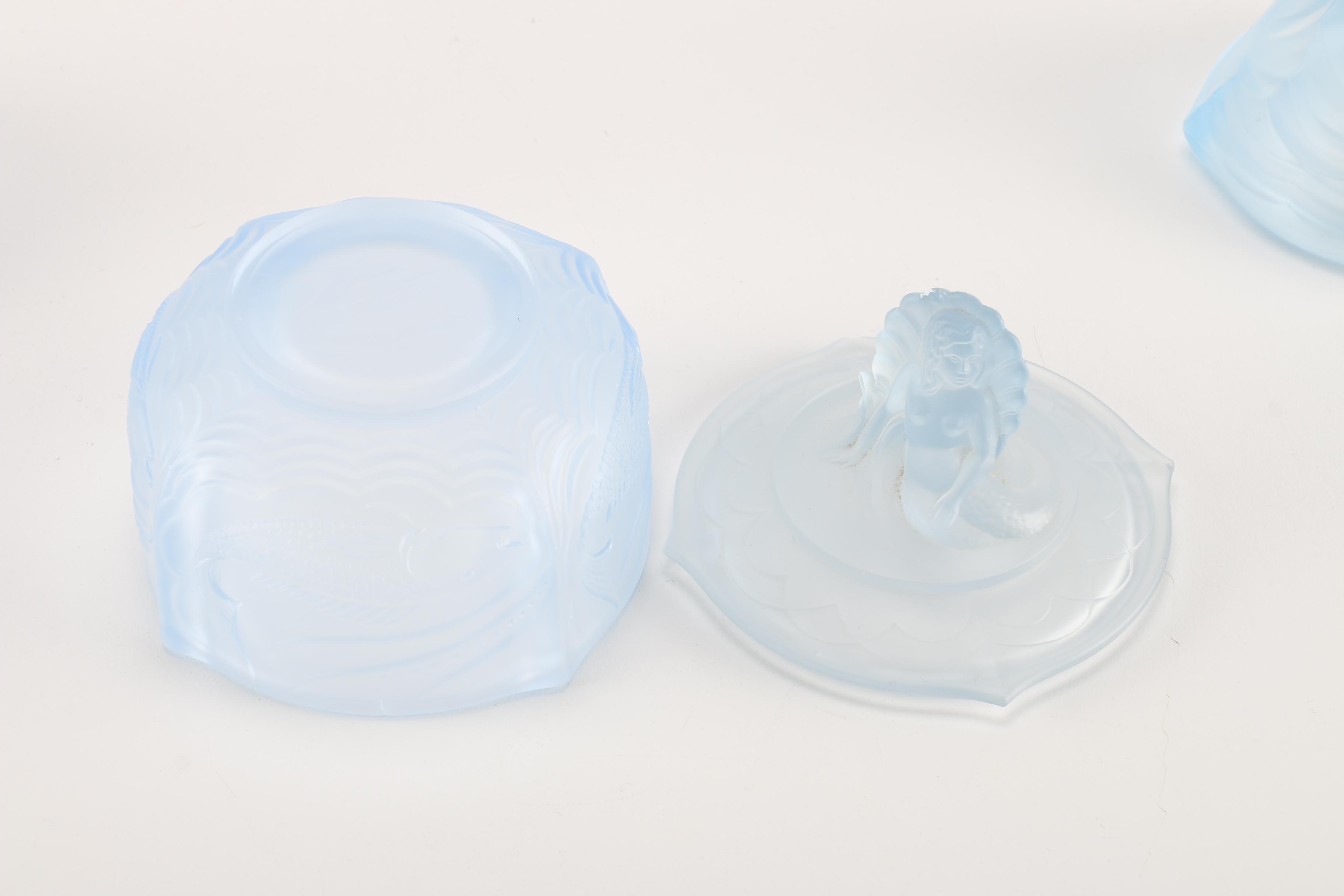 1930s Walther & Sohne German Blue Glass Nymphen Mermaid Vanity Set