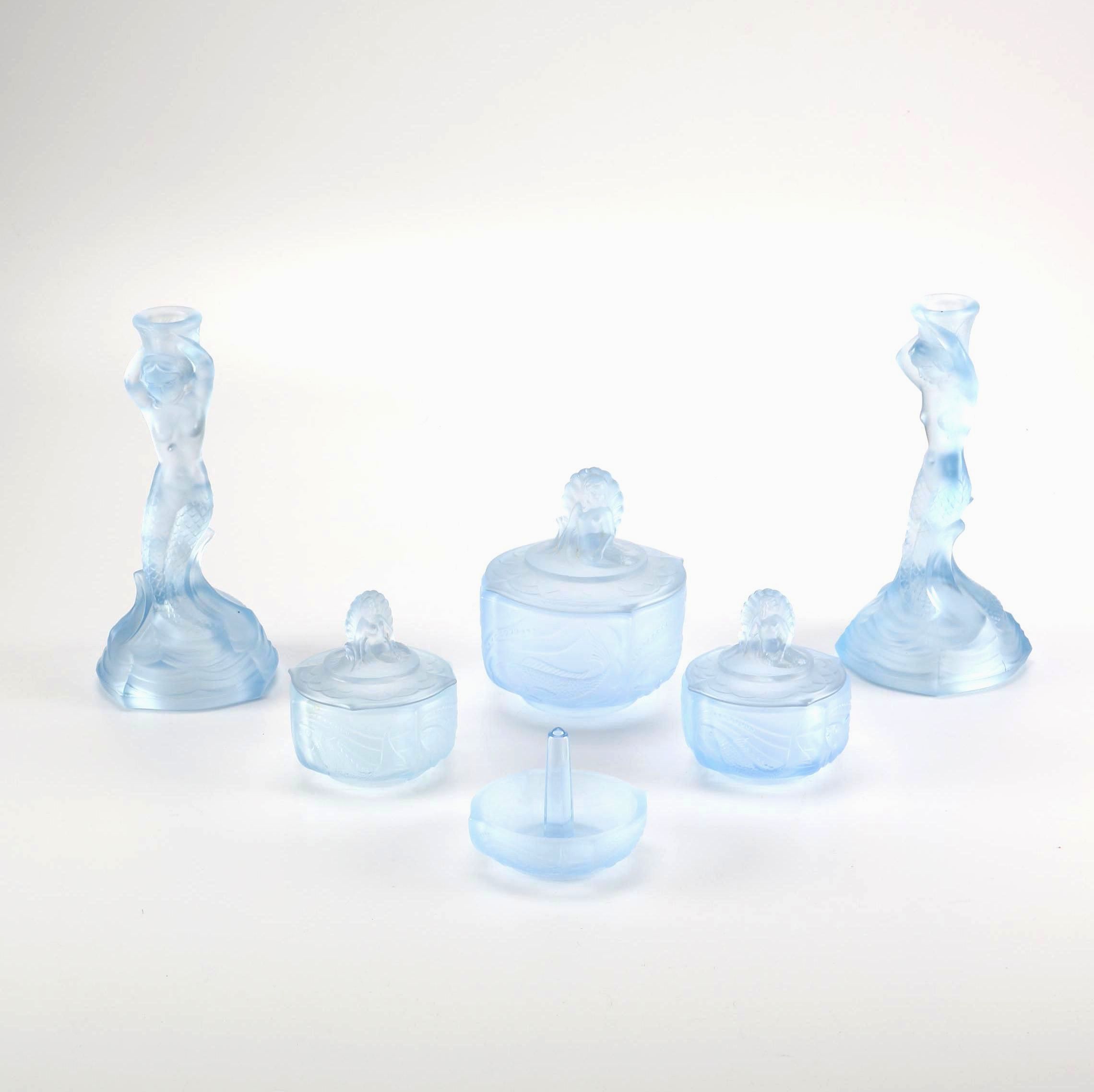 1930s Walther & Sohne German Blue Glass Nymphen Mermaid Vanity Set