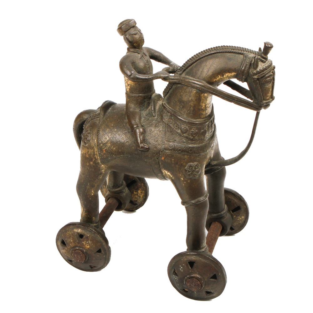 Vintage Brass Trojan Horse with Rider Sculpture