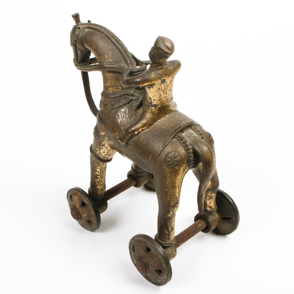 Vintage Brass Trojan Horse with Rider Sculpture