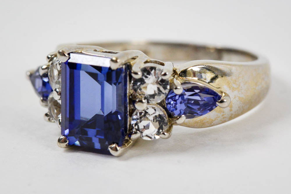 10K White Gold Blue Sapphire and White Topaz Ring