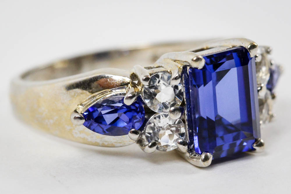 10K White Gold Blue Sapphire and White Topaz Ring