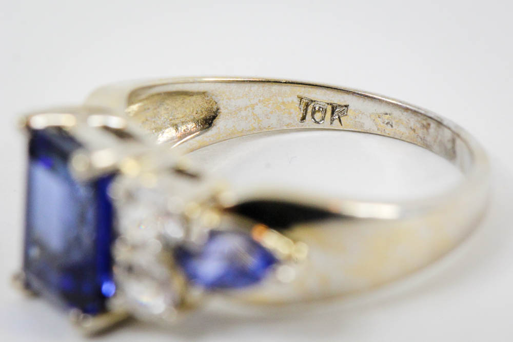 10K White Gold Blue Sapphire and White Topaz Ring