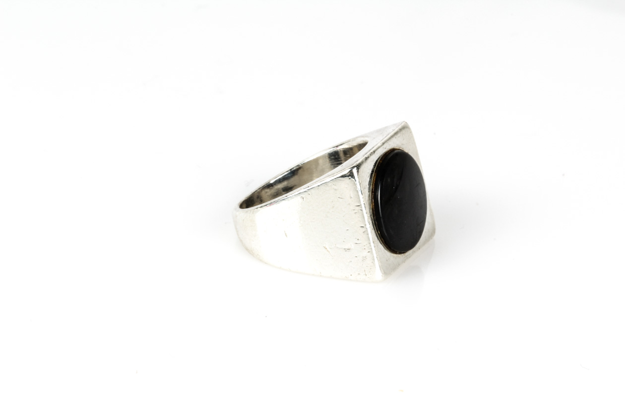 Silver Tone Mixed Metal and Onyx Flat Top Ring
