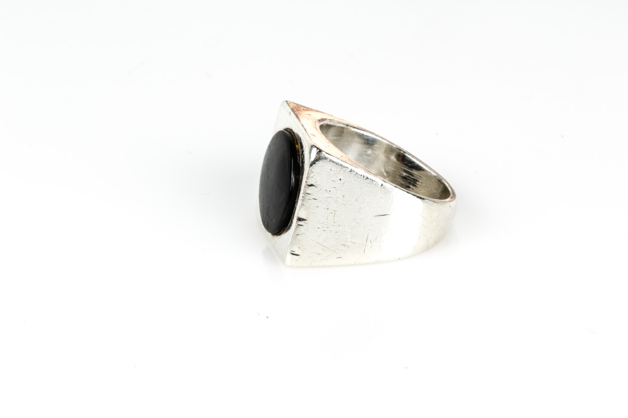 Silver Tone Mixed Metal and Onyx Flat Top Ring