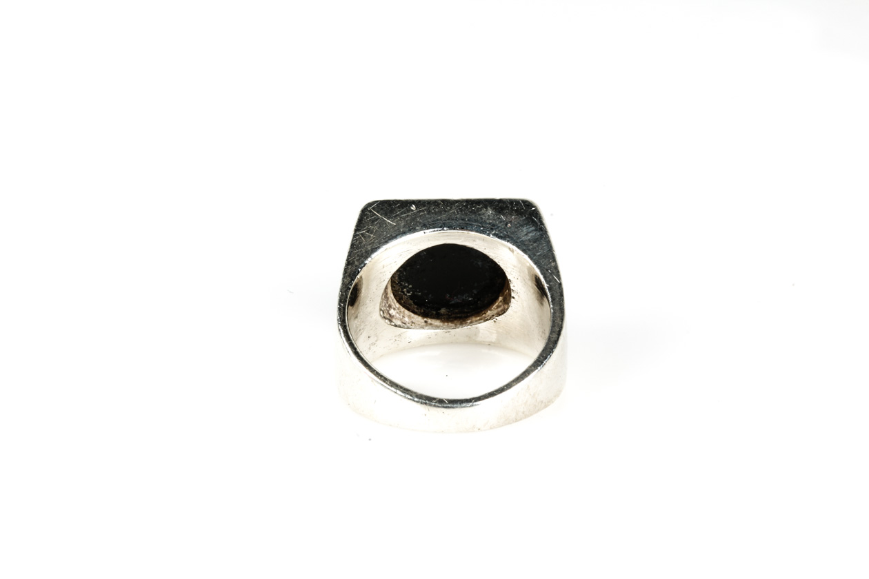 Silver Tone Mixed Metal and Onyx Flat Top Ring