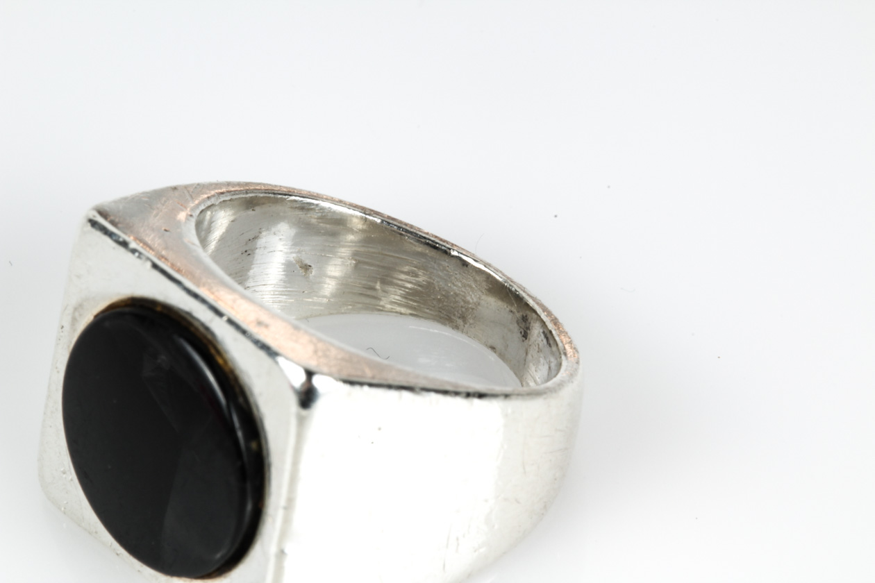 Silver Tone Mixed Metal and Onyx Flat Top Ring