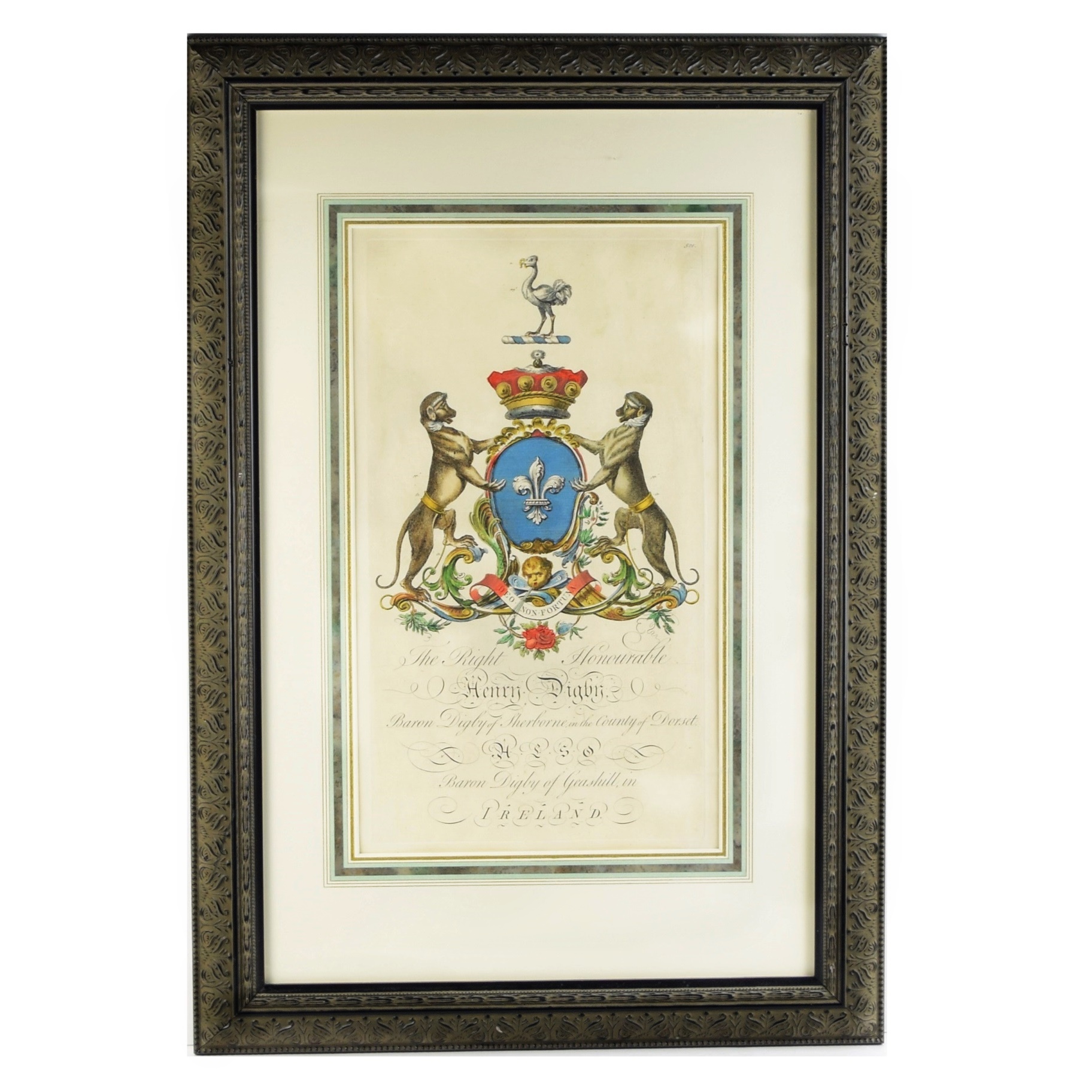 18th Century Hand Colored English Heraldic Bookplate, Henry Digby