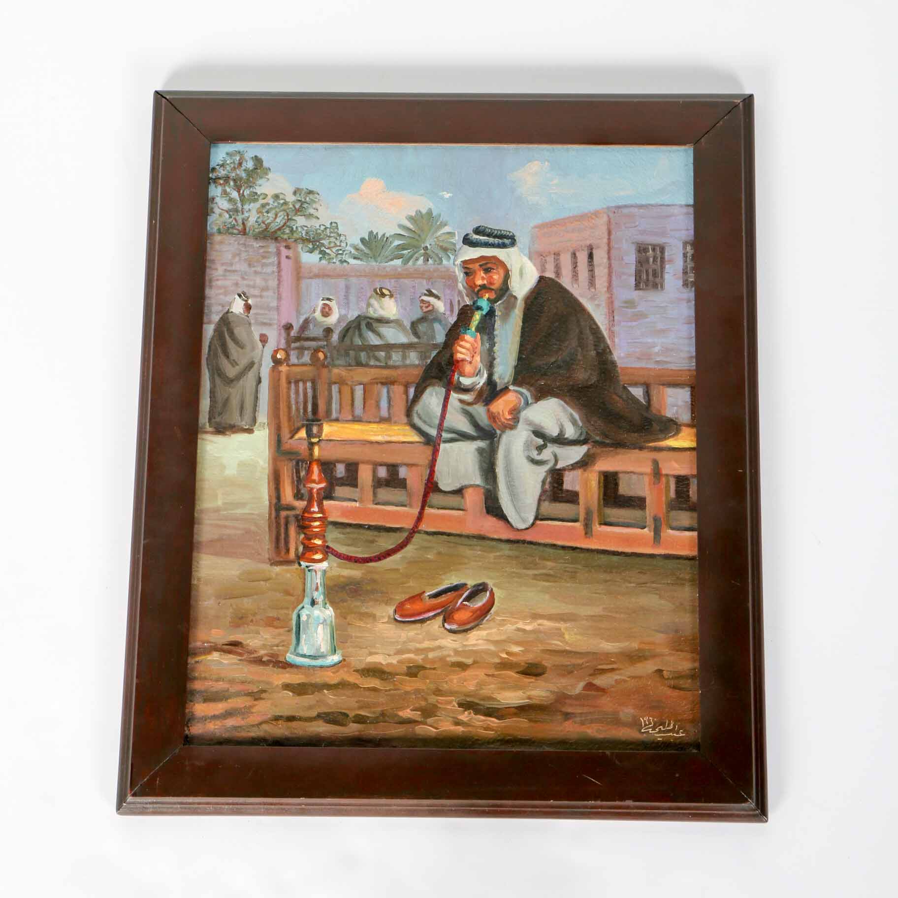 Original Signed Oil Painting of Man Smoking Hookah