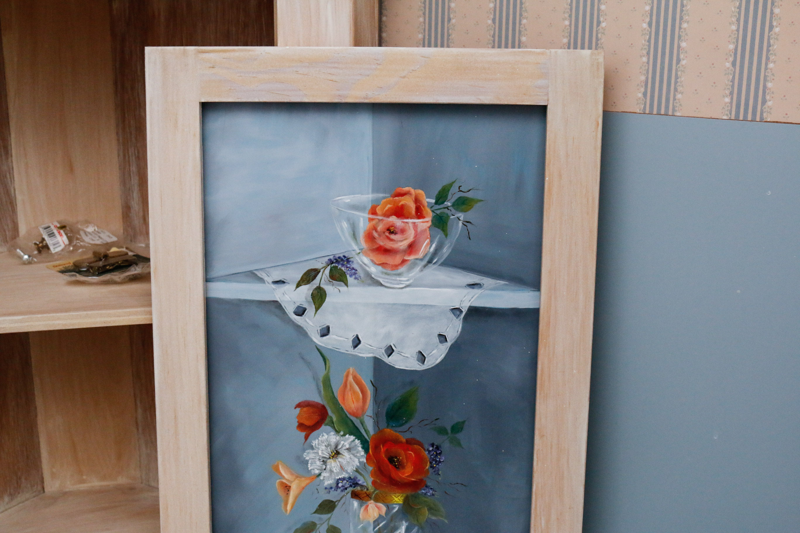 Unfinished Hand Painted Corner Medicine Cabinet