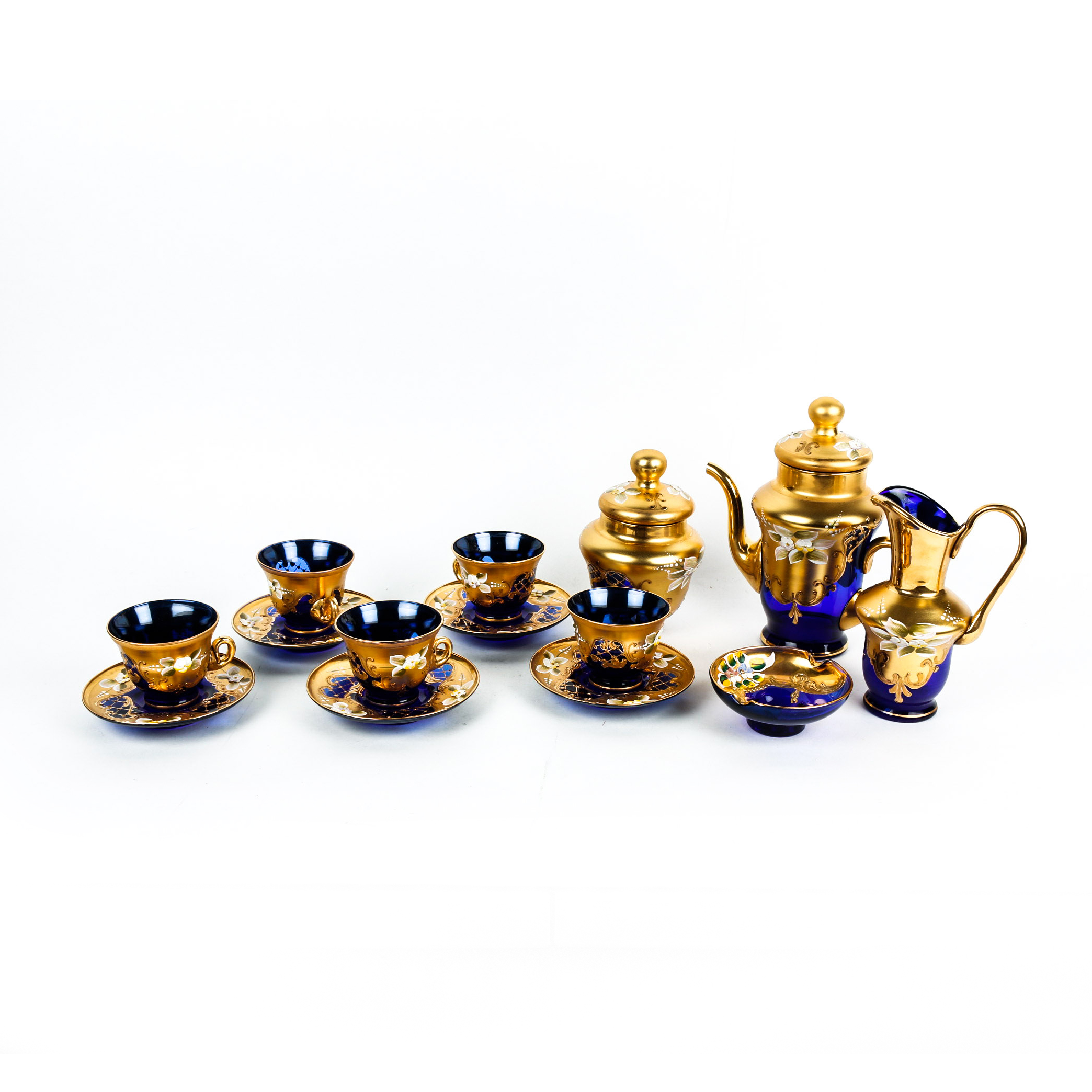 Hand Painted Venetian Murano Glass Tea Set in Cobalt and 24K Gold