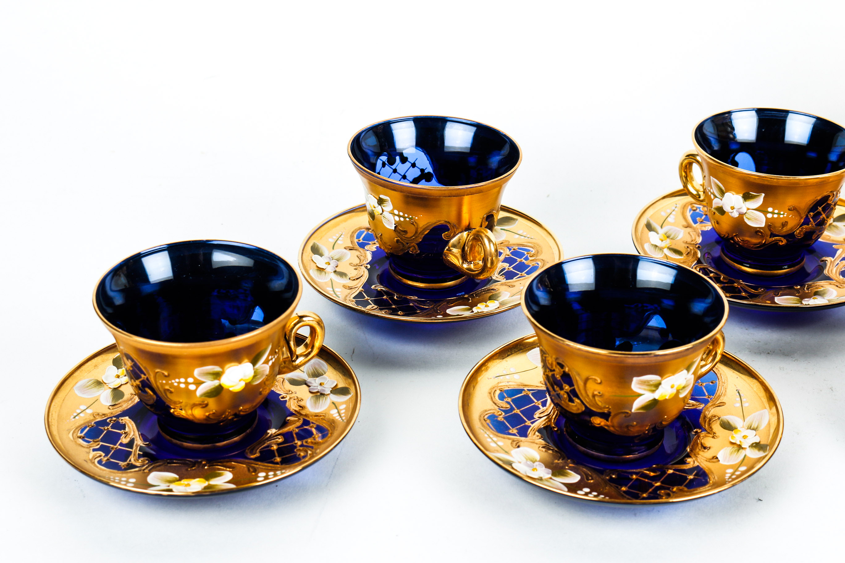 Hand Painted Venetian Murano Glass Tea Set in Cobalt and 24K Gold