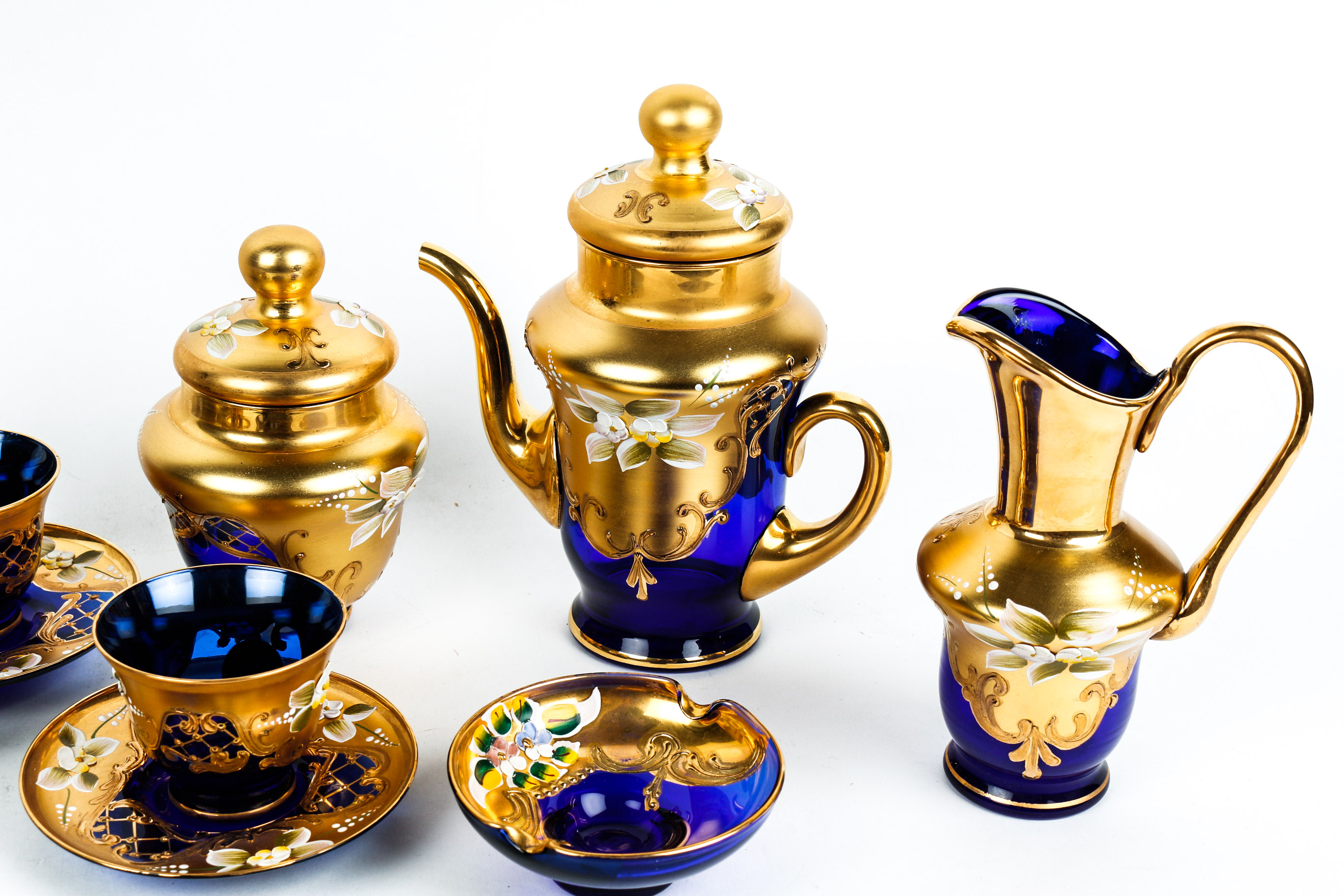 Hand Painted Venetian Murano Glass Tea Set in Cobalt and 24K Gold