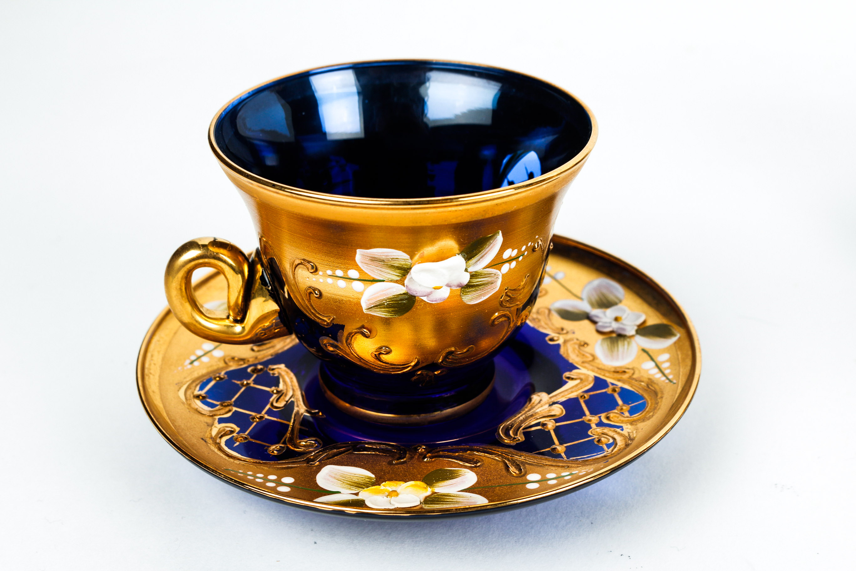 Hand Painted Venetian Murano Glass Tea Set in Cobalt and 24K Gold