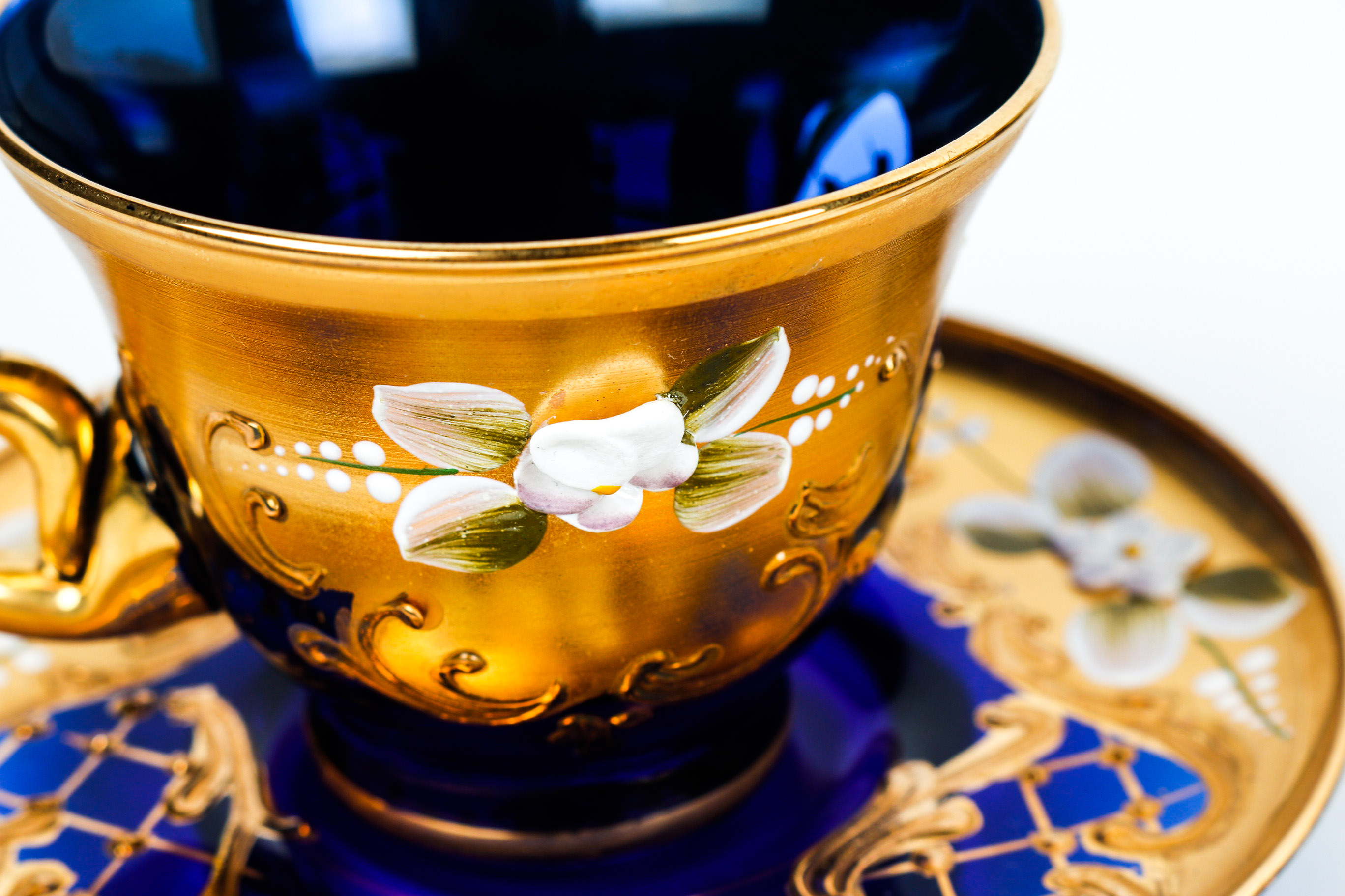 Hand Painted Venetian Murano Glass Tea Set in Cobalt and 24K Gold