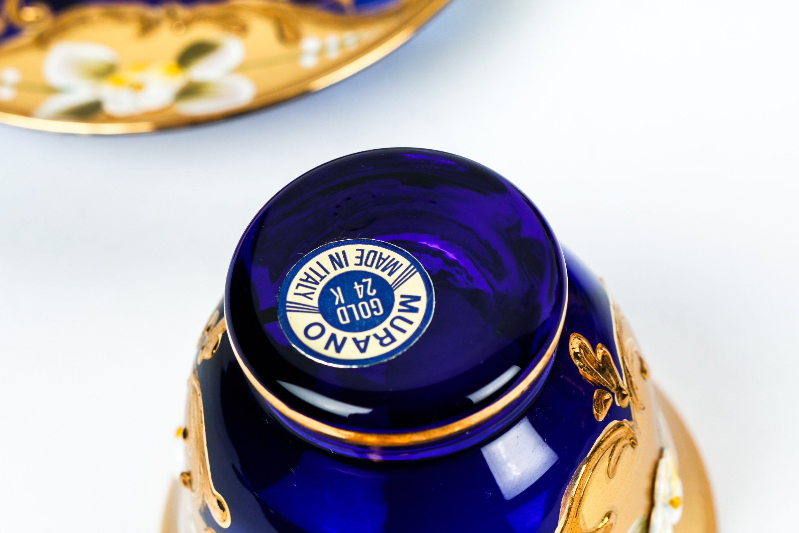 Hand Painted Venetian Murano Glass Tea Set in Cobalt and 24K Gold