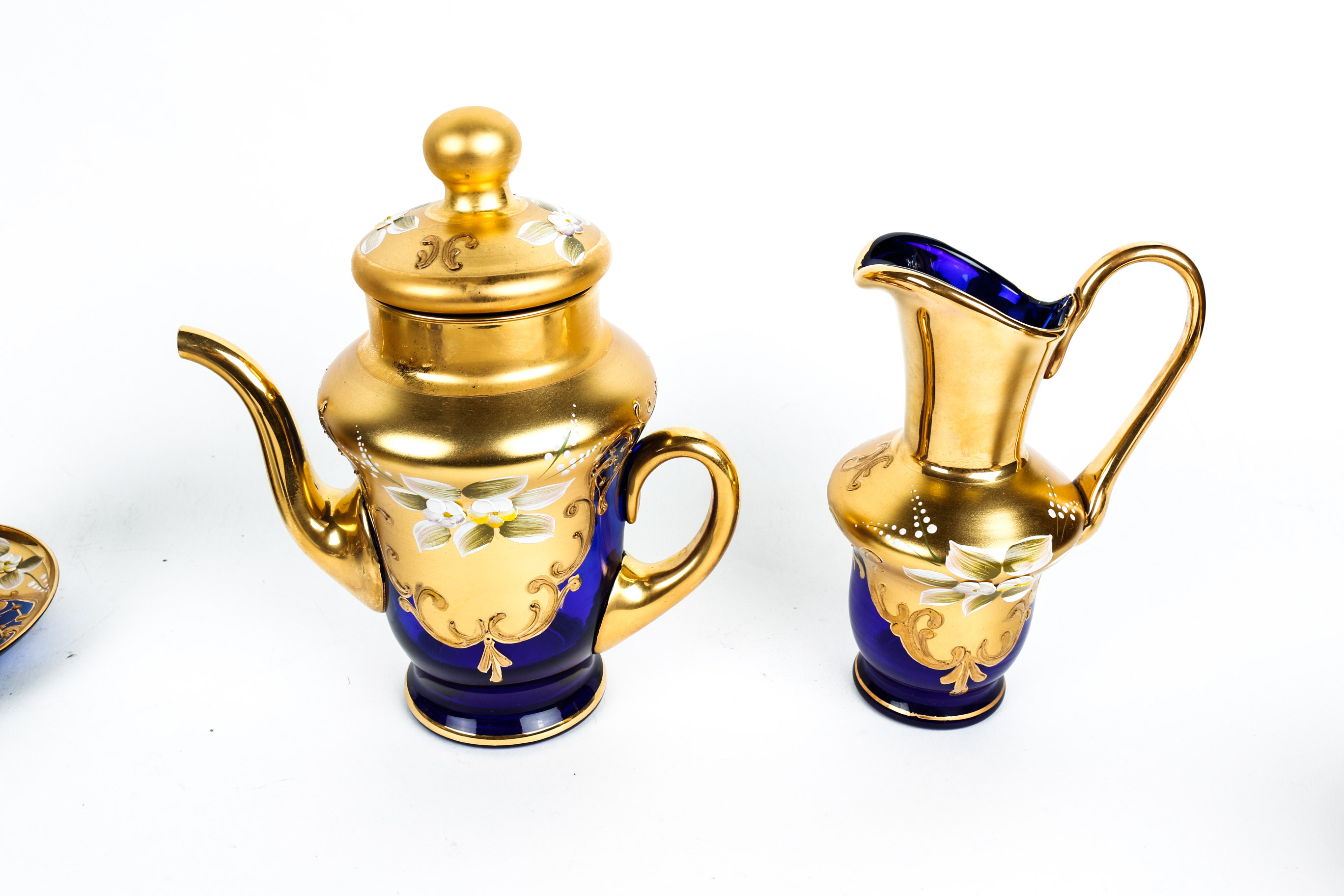 Hand Painted Venetian Murano Glass Tea Set in Cobalt and 24K Gold
