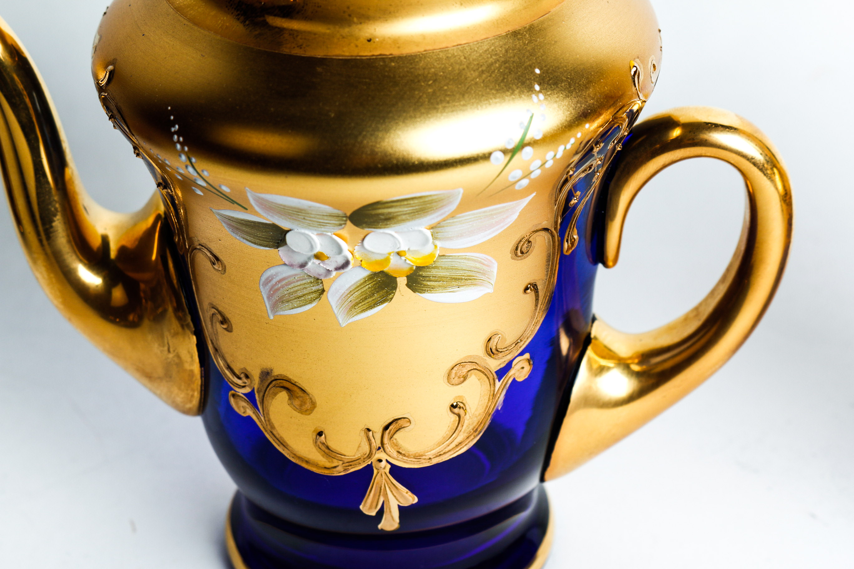 Hand Painted Venetian Murano Glass Tea Set in Cobalt and 24K Gold