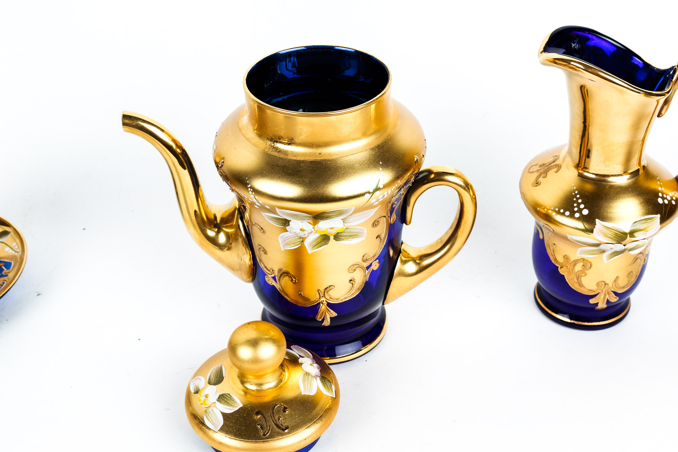 Hand Painted Venetian Murano Glass Tea Set in Cobalt and 24K Gold