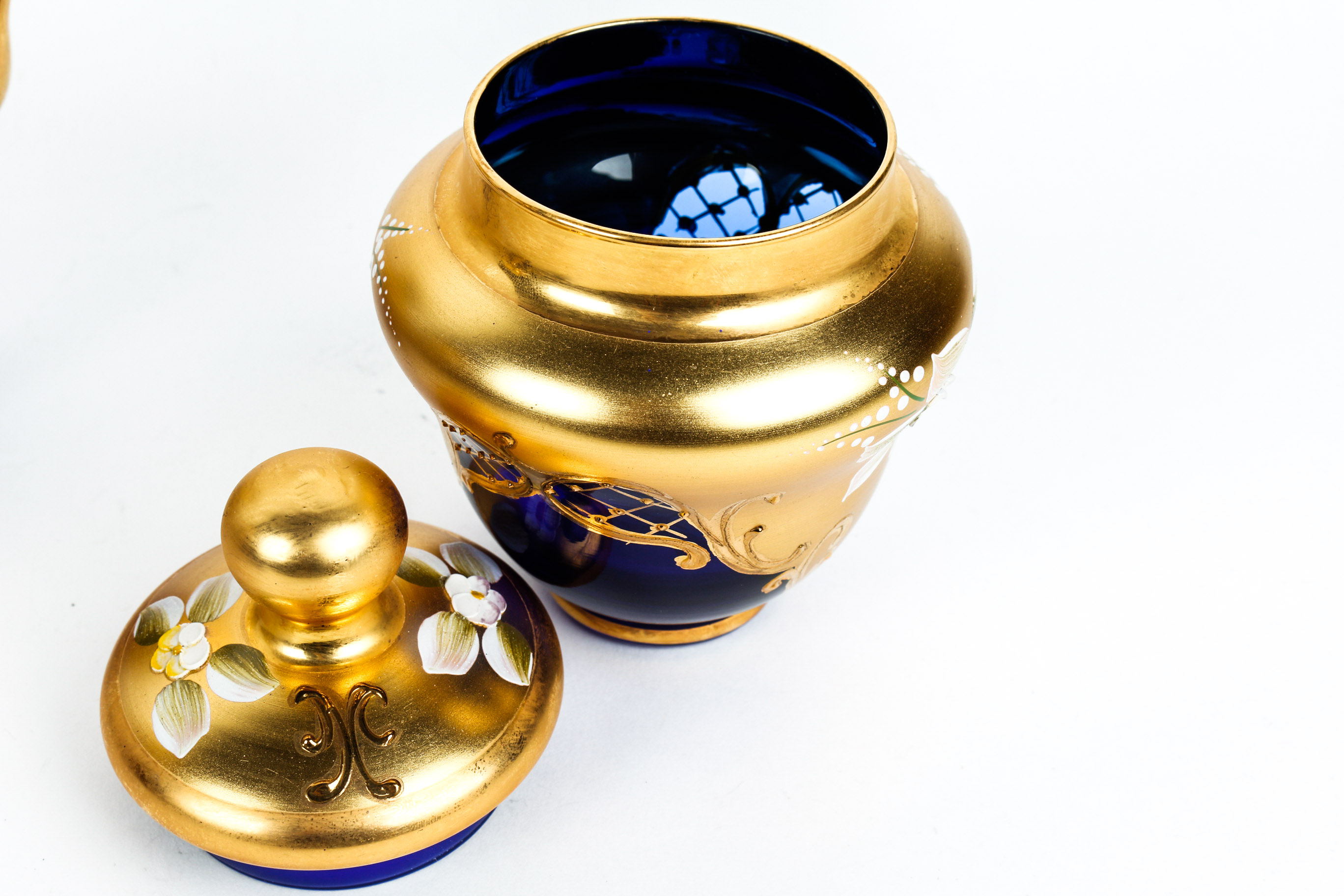 Hand Painted Venetian Murano Glass Tea Set in Cobalt and 24K Gold