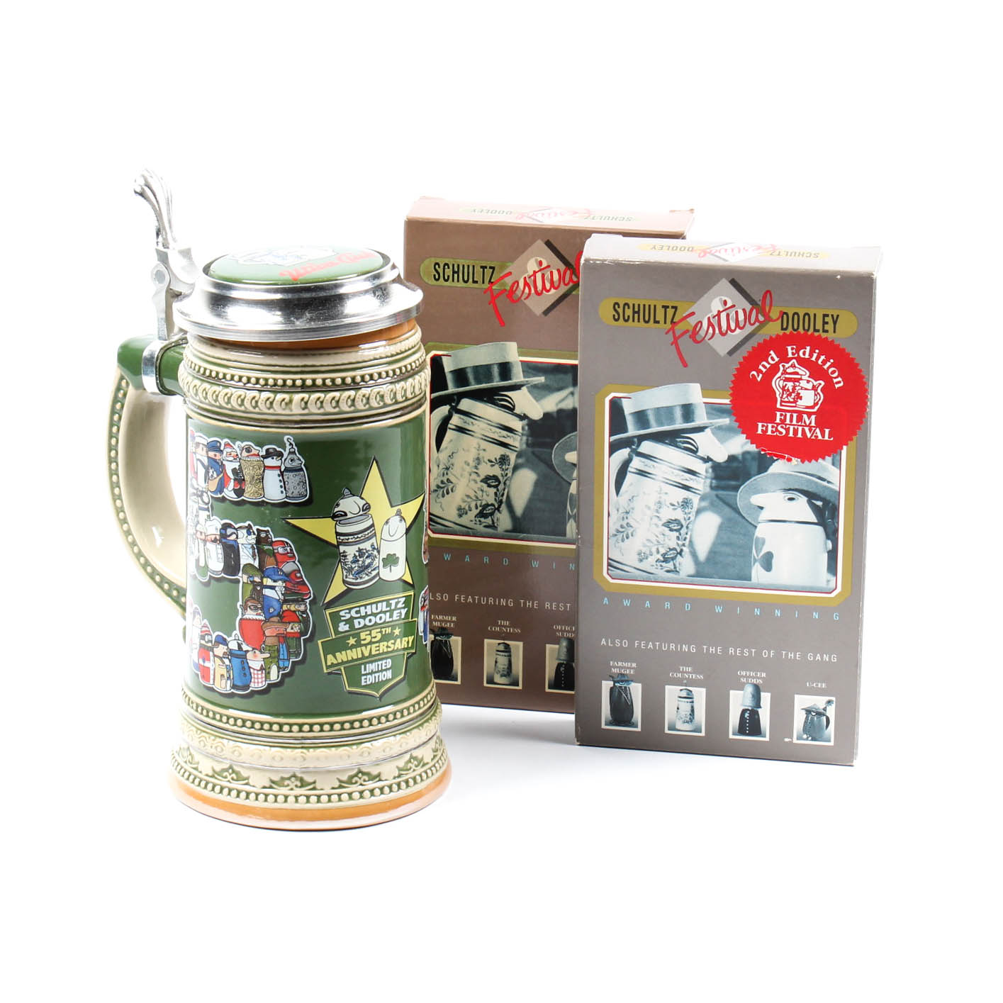 Limited Edition 55th Anniversary Schultz and Dooley Caricature Stein with VHS Festival Tapes