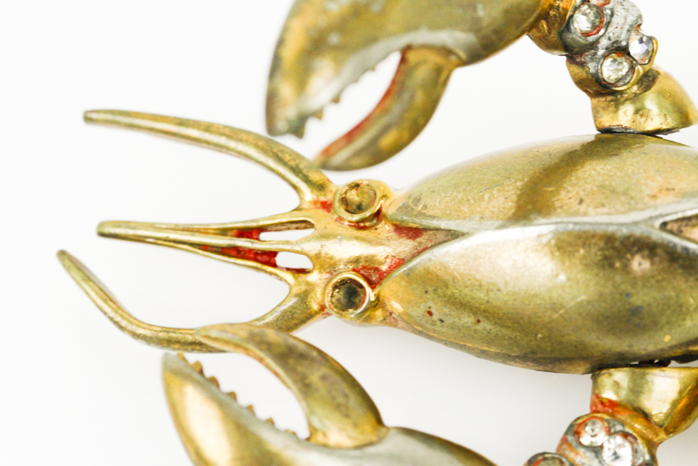 Gold Tone Lobster Brooch with Rhinestones