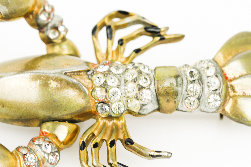 Gold Tone Lobster Brooch with Rhinestones