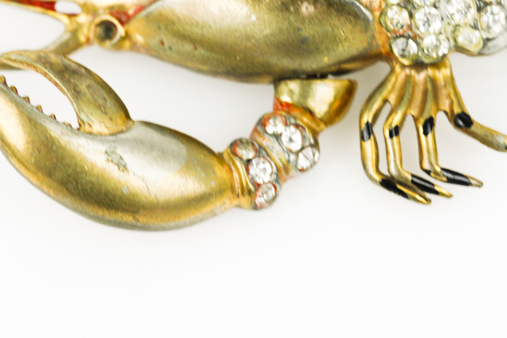 Gold Tone Lobster Brooch with Rhinestones