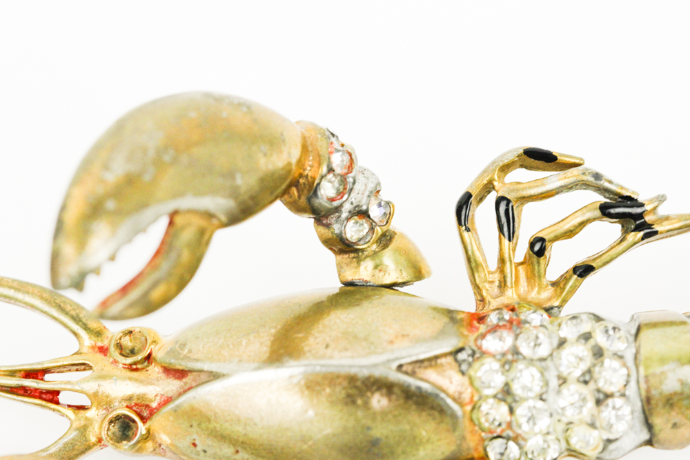 Gold Tone Lobster Brooch with Rhinestones