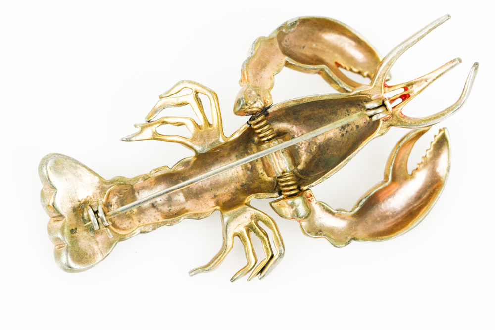 Gold Tone Lobster Brooch with Rhinestones