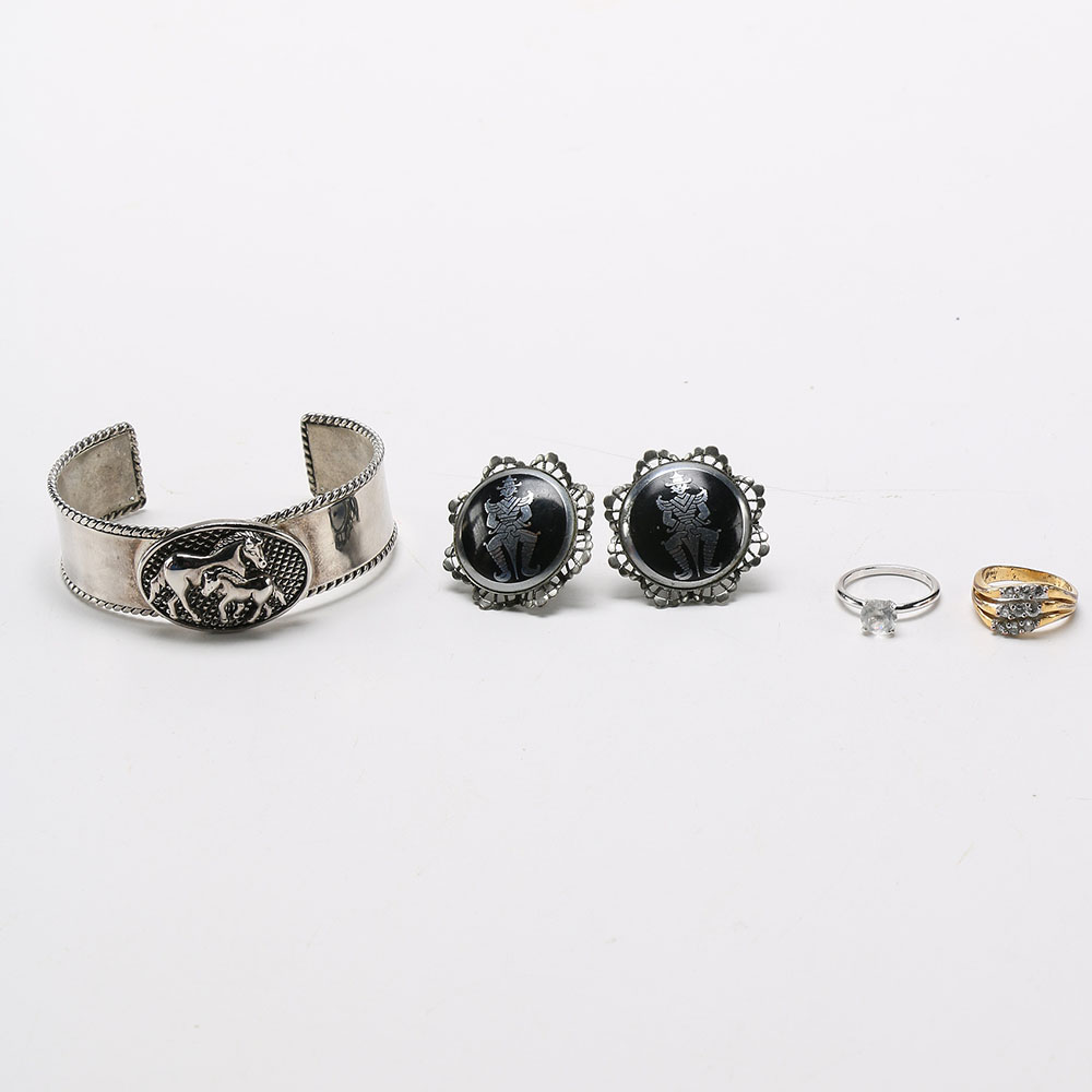Collection of Silver Tone Costume Jewelry with Gold Tone Ring