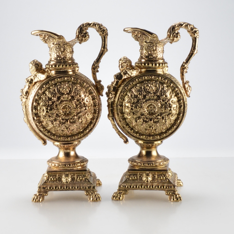 Antique Brass Ansonia Clock Garniture Ewers