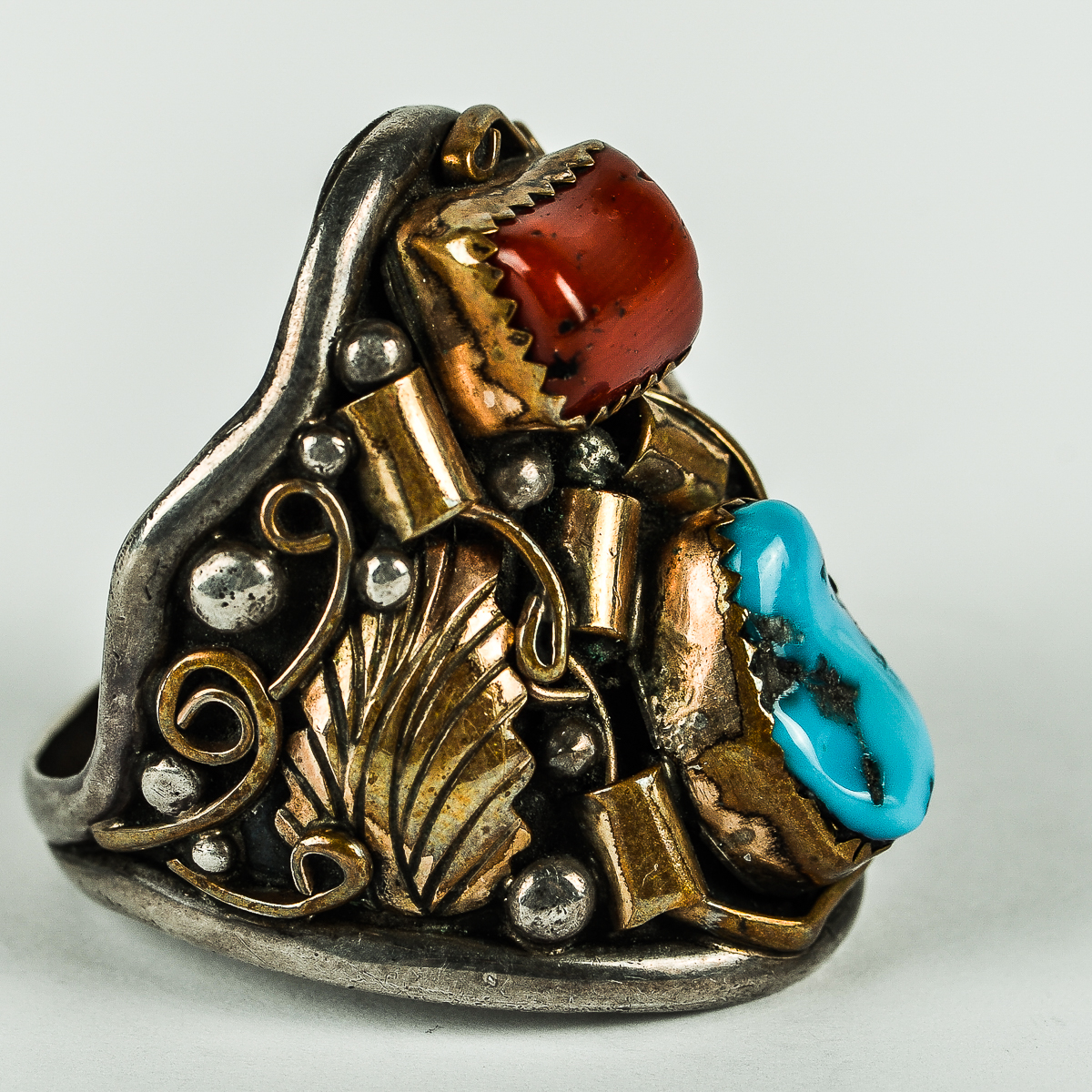 Dorothy Spencer Navajo Sterling Silver, Coral, and Turquoise Ring