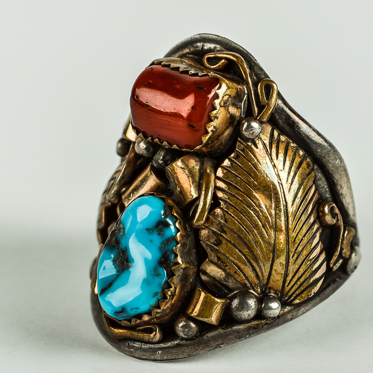Dorothy Spencer Navajo Sterling Silver, Coral, and Turquoise Ring