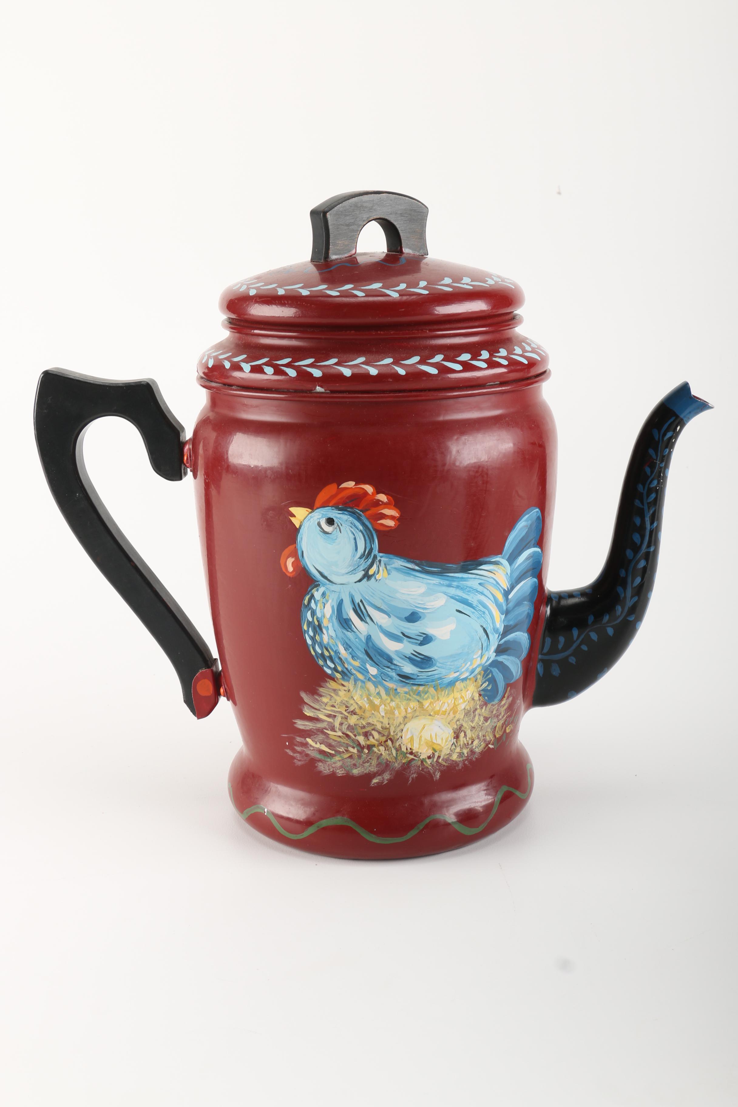 Aluminum and Stainless Steel Hen and Rooster Motif Coffee Makers