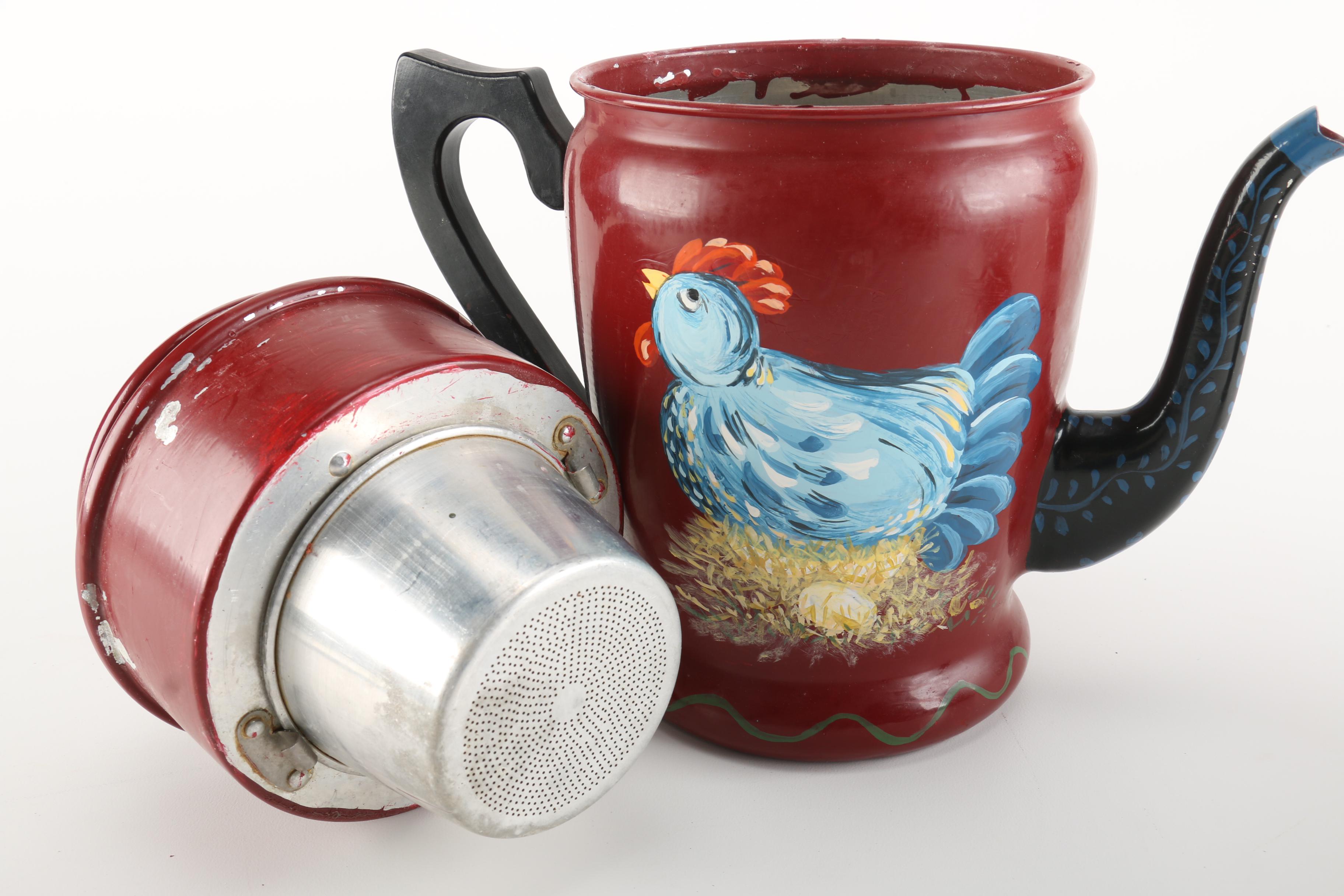 Aluminum and Stainless Steel Hen and Rooster Motif Coffee Makers