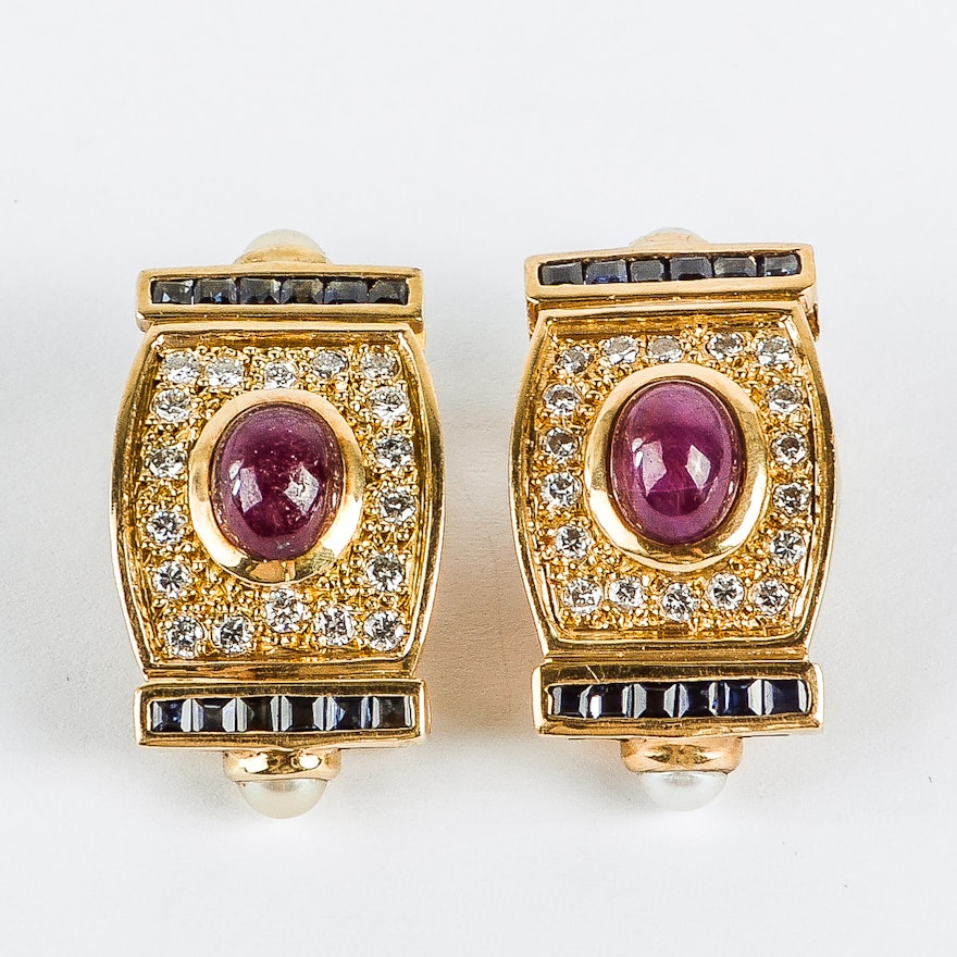 18K Yellow Gold, Ruby, Diamond, Sapphire, and Pearl Clip-On Earrings