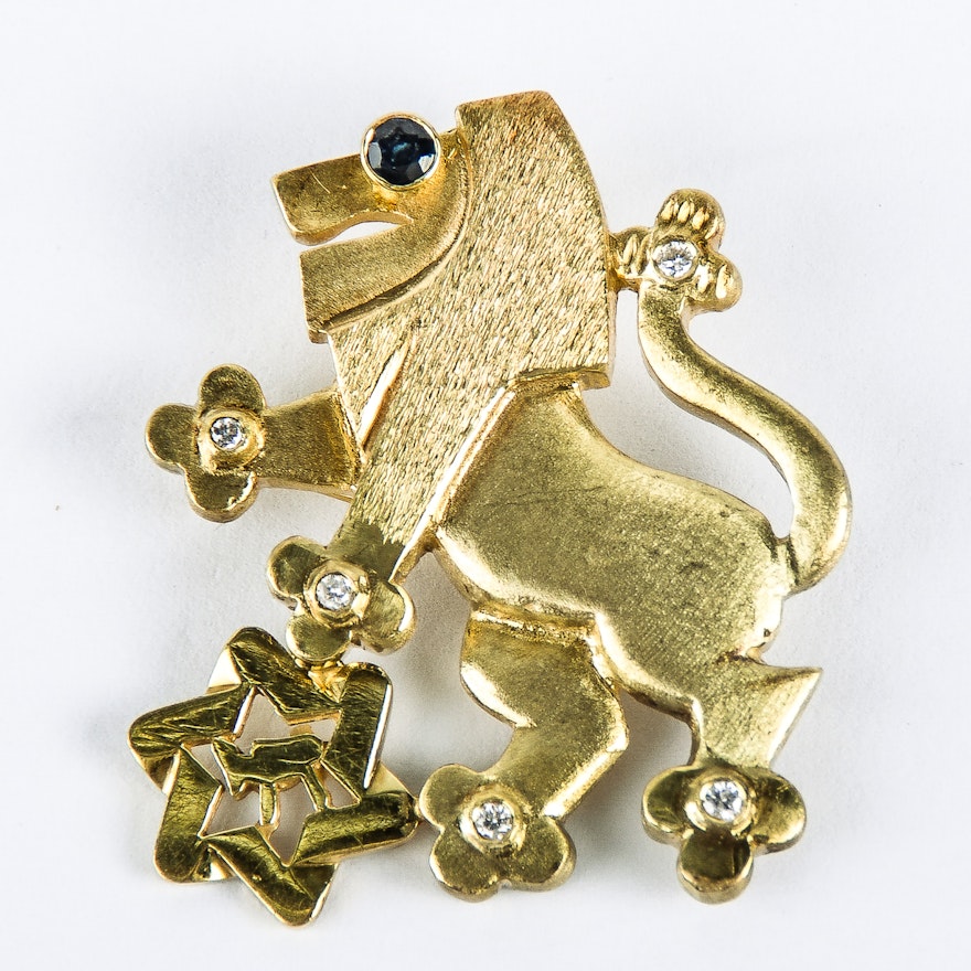 UJA 14K Yellow Gold, Diamond, and Sapphire Lion of Judah Pin