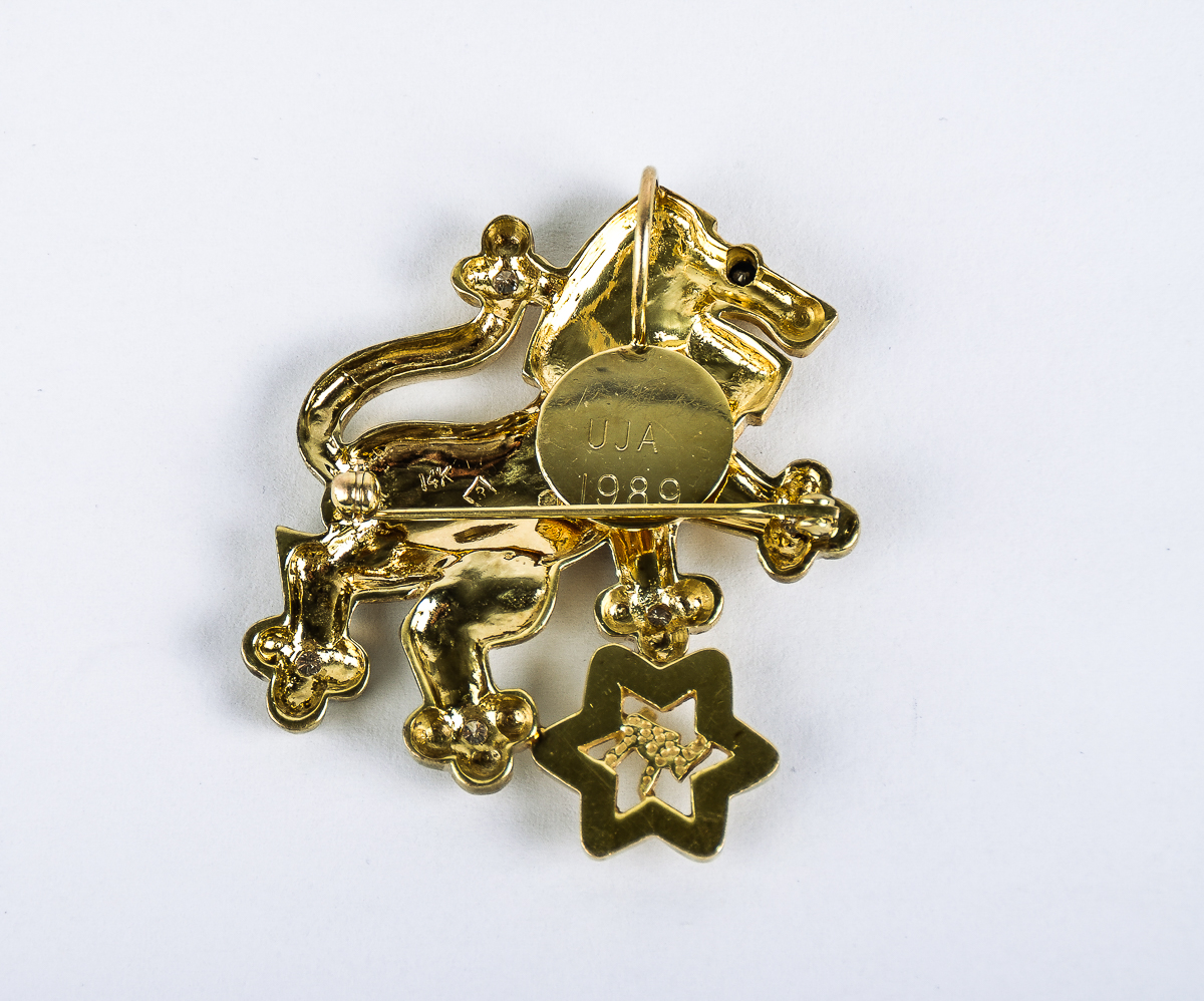 UJA 14K Yellow Gold, Diamond, and Sapphire Lion of Judah Pin
