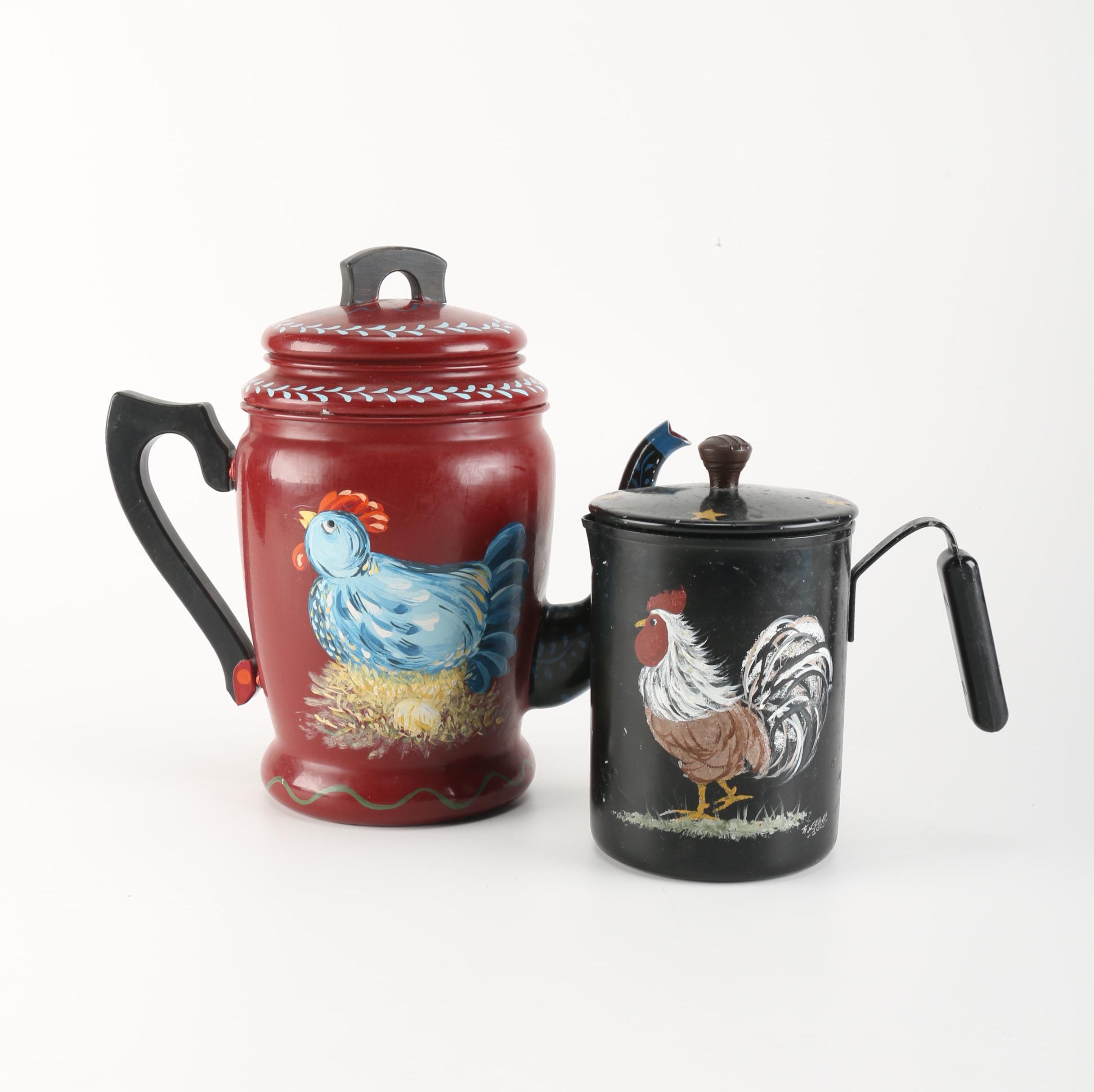 Aluminum and Stainless Steel Hen and Rooster Motif Coffee Makers