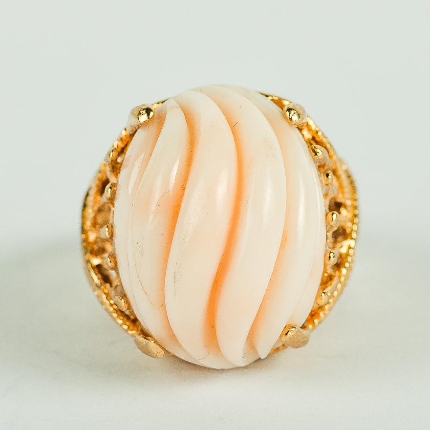 14K Yellow Gold and Carved Coral Statement Ring