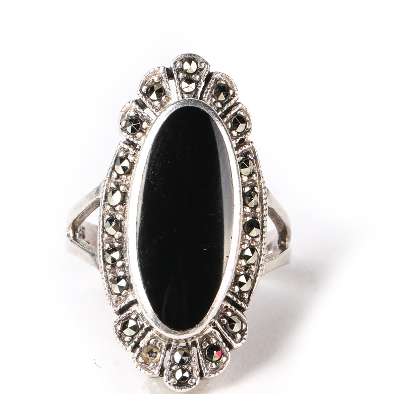 Deco Style Sterling Silver, Onyx, and Marcasite Navette Ring