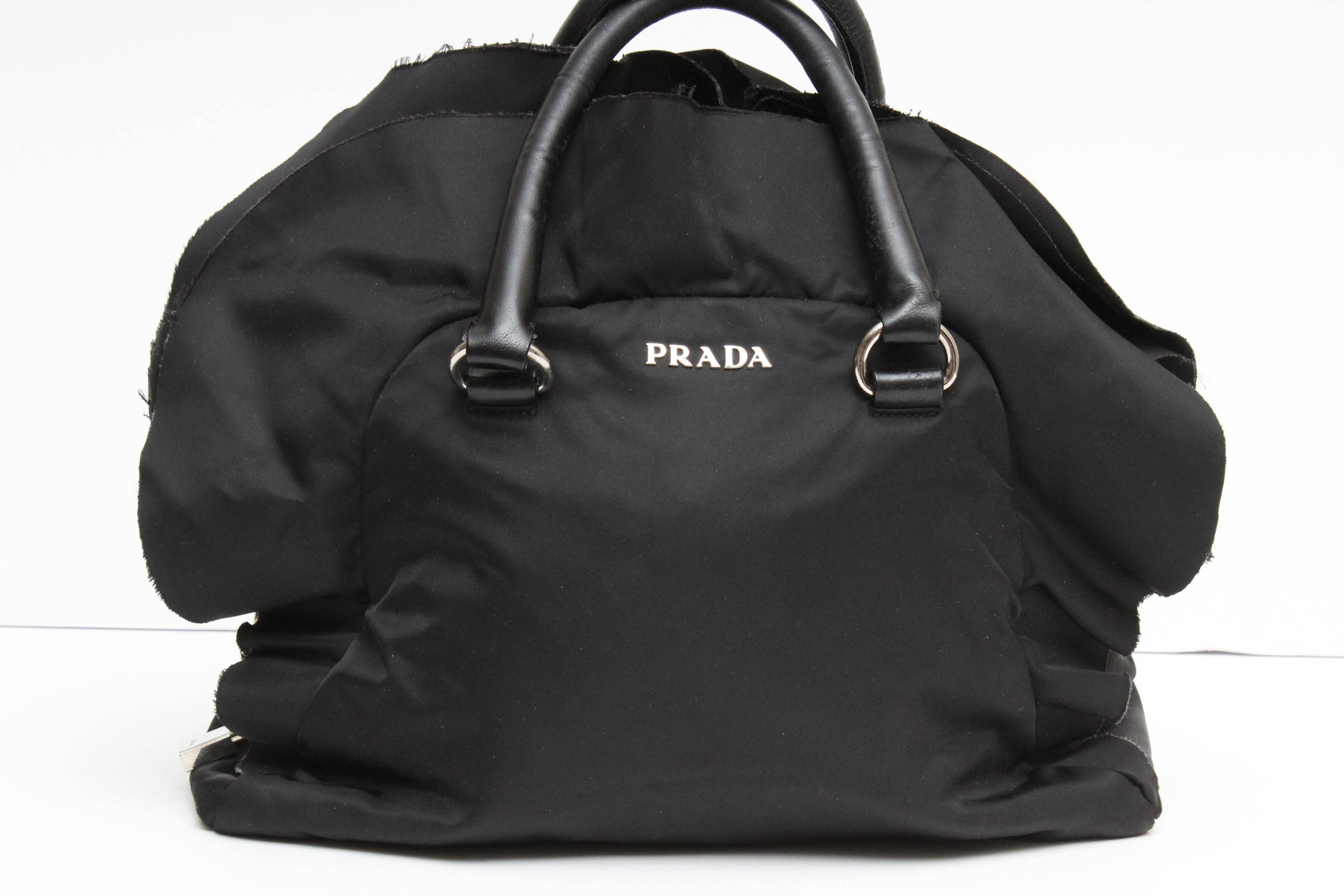 Prada Black Tessuto Nylon Leather Ruffle  Handbag